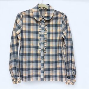 Gloria Vanderbilt Beige and Blue Plaid Button-Down Shirt